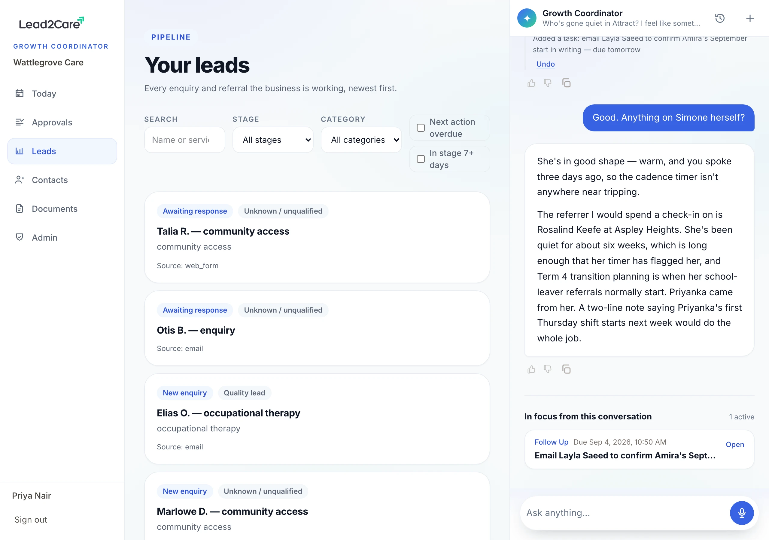 The Lead2Care app on a laptop: Today, Approvals, Leads, Contacts and Documents down the left, the pipeline in the middle with every enquiry and referral tagged by stage, and the Growth Coordinator docked open on the right.